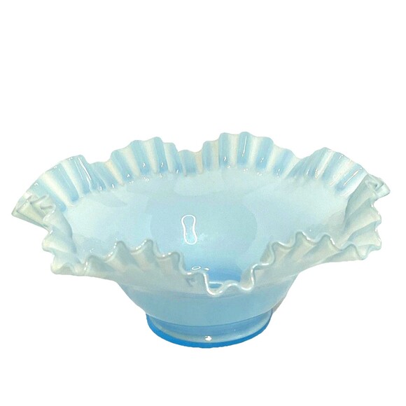 Fenton Glass Bowl Shades Of Blue Glass Ruffled Crimped 9 1/2” By 3” - Picture 5 of 6